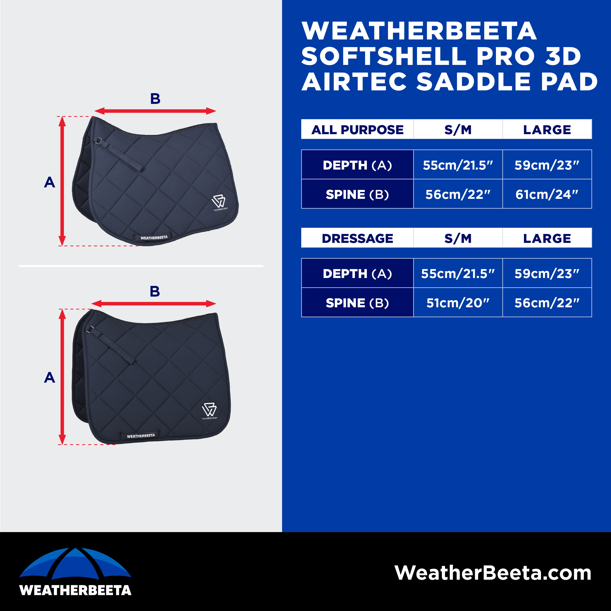 2026 WeatherBeeta Saddle Pad Softshell Pro  Size Chart